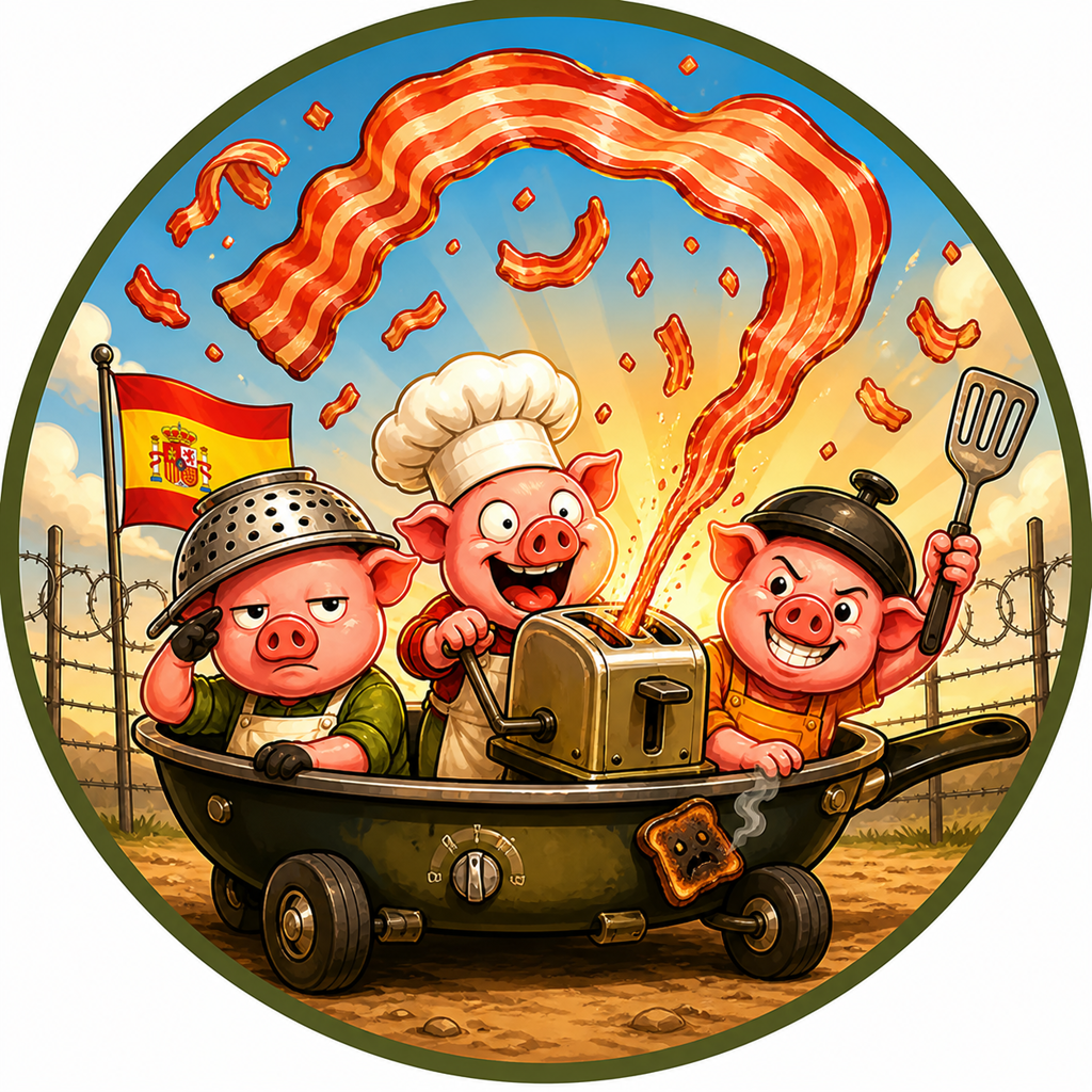 Three cartoon pigs aboard a frying pan with a toaster-powered bacon launcher